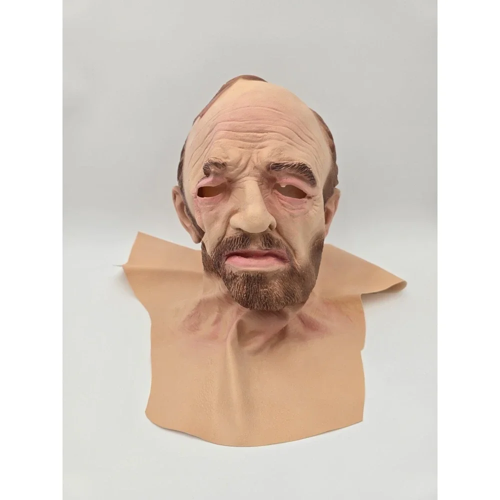 Full Head Mask Old‎ Man Brown Hair Beard Wrinkles Bald Creepy Halloween